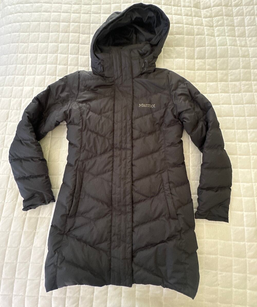 Marmot Varma Jacket Womens Medium Black 700 Down Fill Removable Hood Outdoor
